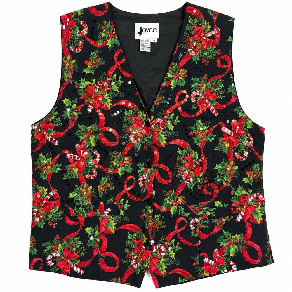 Vintage Joyce Christmas Vest Womens 14 Black Sequin Candy Cane Holiday 90s Rayon